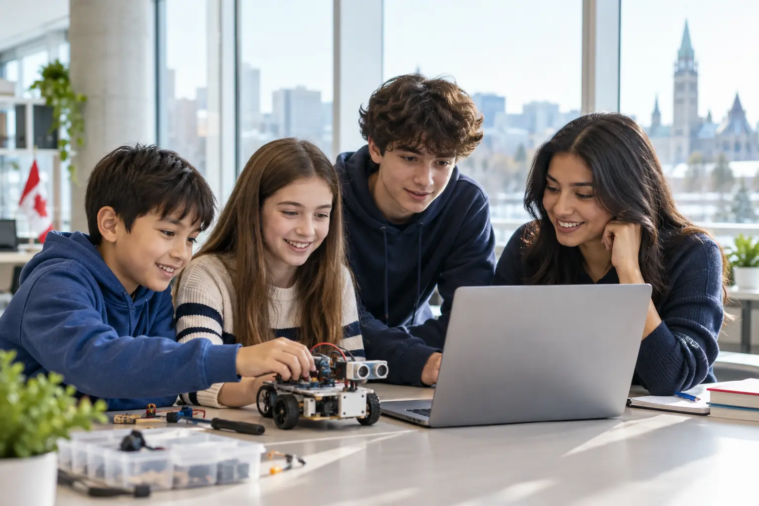 Learners progressing from elementary to advanced digital-skills education while working with a laptop and educational robot