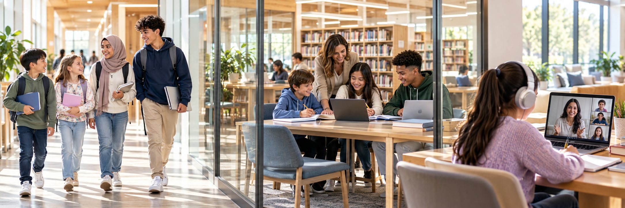 Illustration of students aged 8 to 16 learning in a hallway, library study room and online classroom